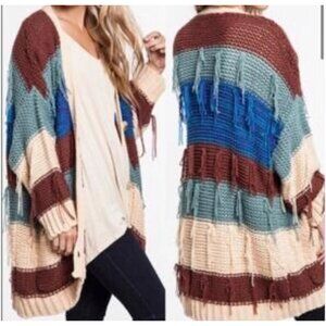 Umgee Fringed Striped Cable Knit Cardigan Sweater S/M Brown Blue Western Boho